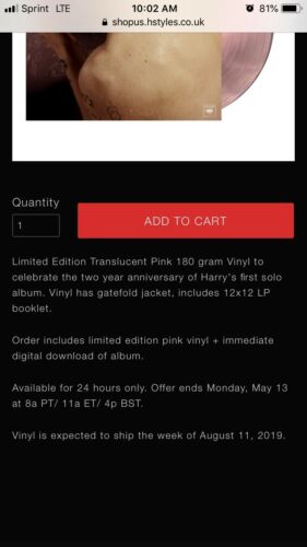 Harry Styles - Limited Edition Harry Styles two year anniversary pink  translucent 180 gram vinyl available for 24 hrs only:  hyperurl.co/HStylesStore #HarryStyles2Year