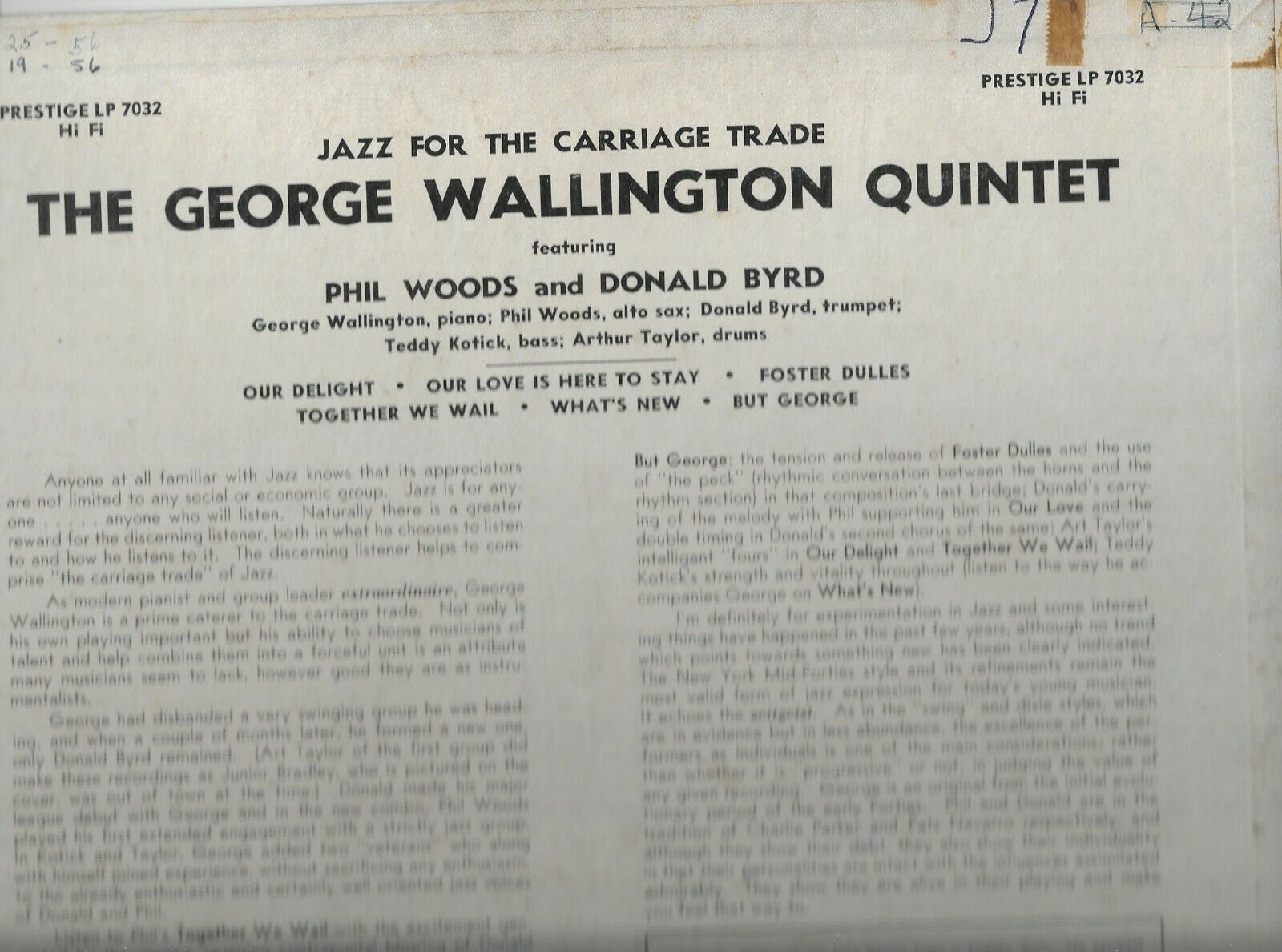 GEORGE WALLINGTON QUINTET ジャズ Carriage Trade Prestige 446 W